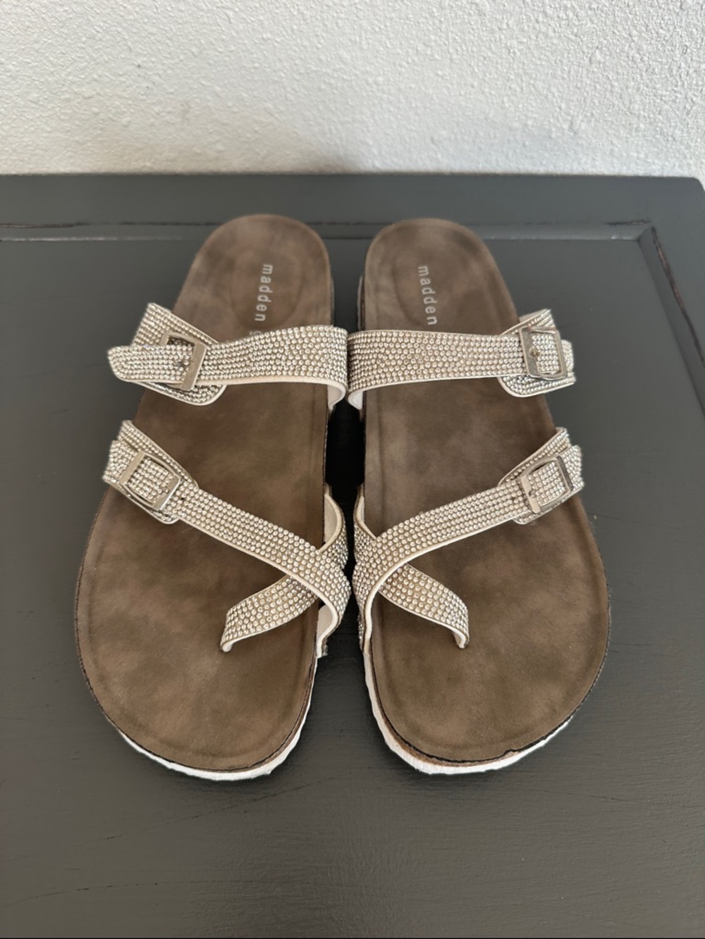 Madden Girl Crystal-Embellished Buckle Slide Sandals in Champagne